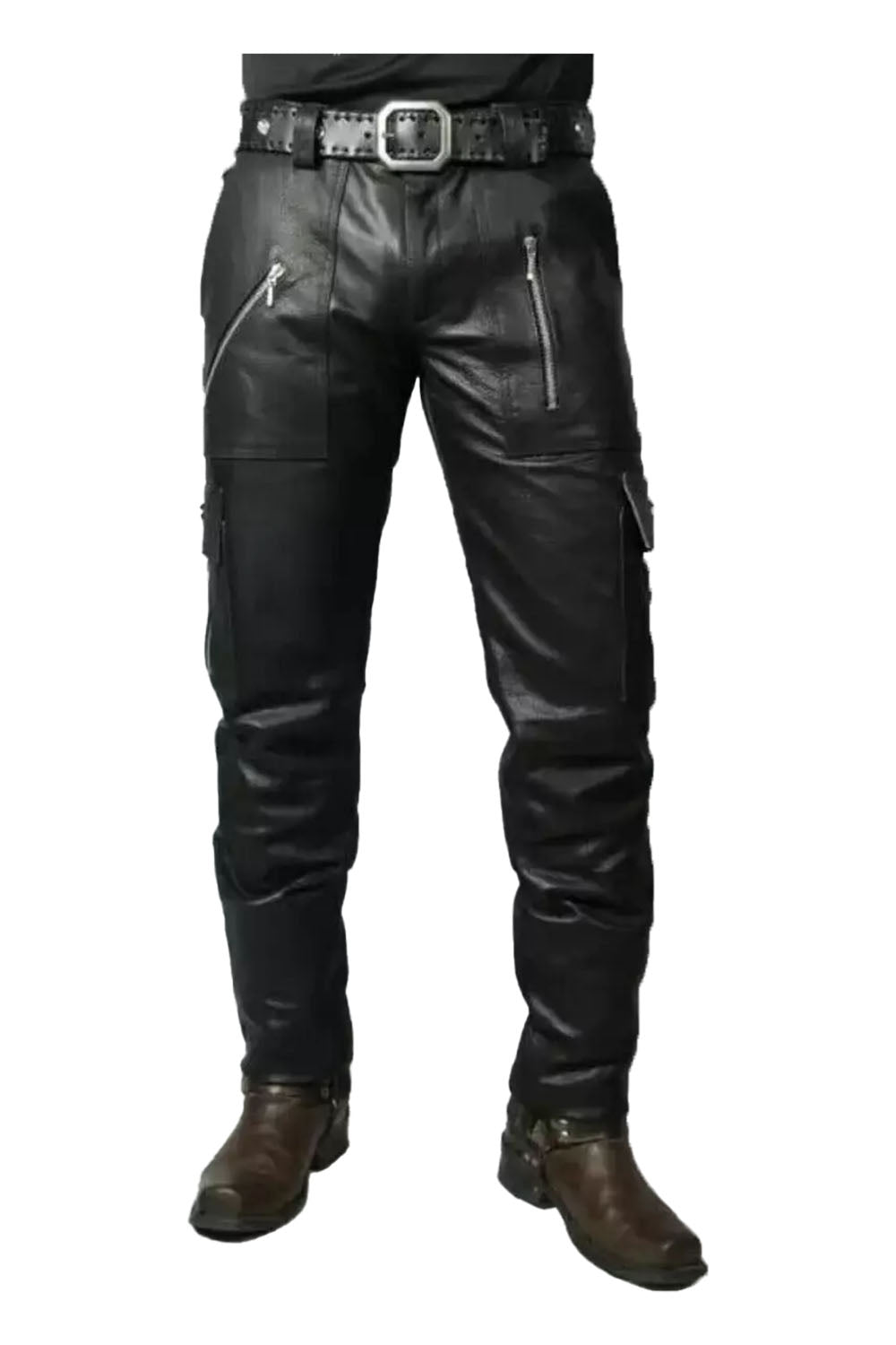 Cargo Style Leather Pants for Men Real Cowhide Aniline Leather