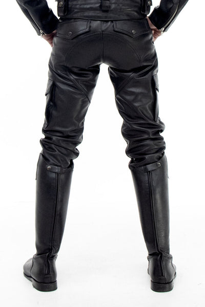 Black Cargo Style Leather Trousers with Tapered Fit