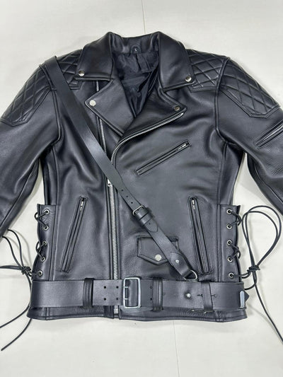 Side Laces Jacket with Cross Belt Real Aniline Thick Leather