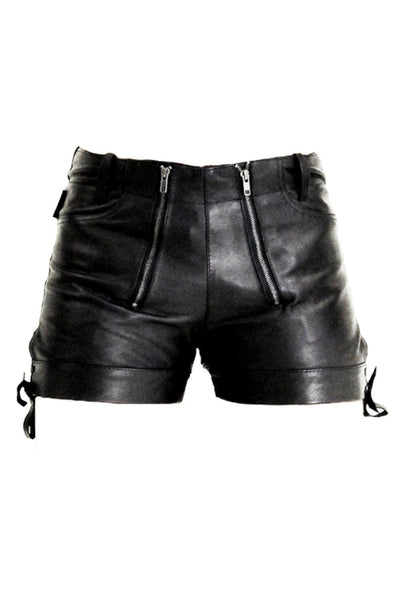 Double Zipper Leather Shorts for Men Real Cowhide Aniline Leather