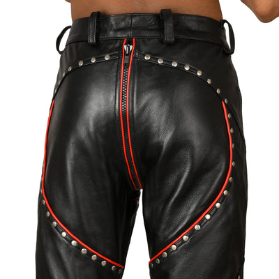 Studded Leather Pants with Red Suede Panels