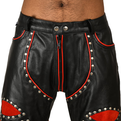 Studded Leather Pants with Red Suede Panels