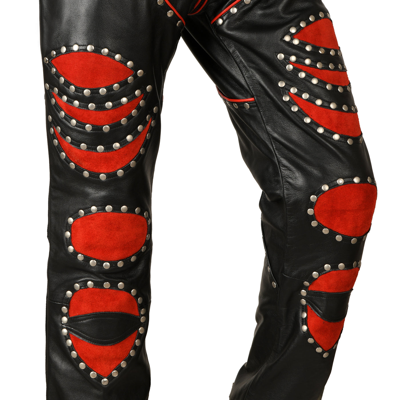 Studded Leather Pants with Red Suede Panels