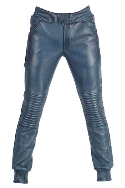 Blue Leather Jogger Pants for Men Real Lamb Leather