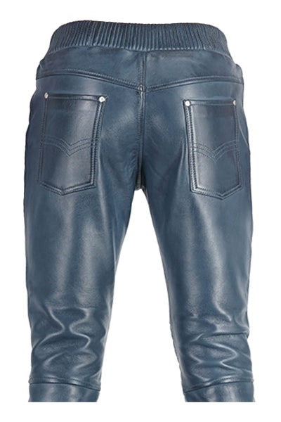 Blue Leather Jogger Pants for Men Real Lamb Leather