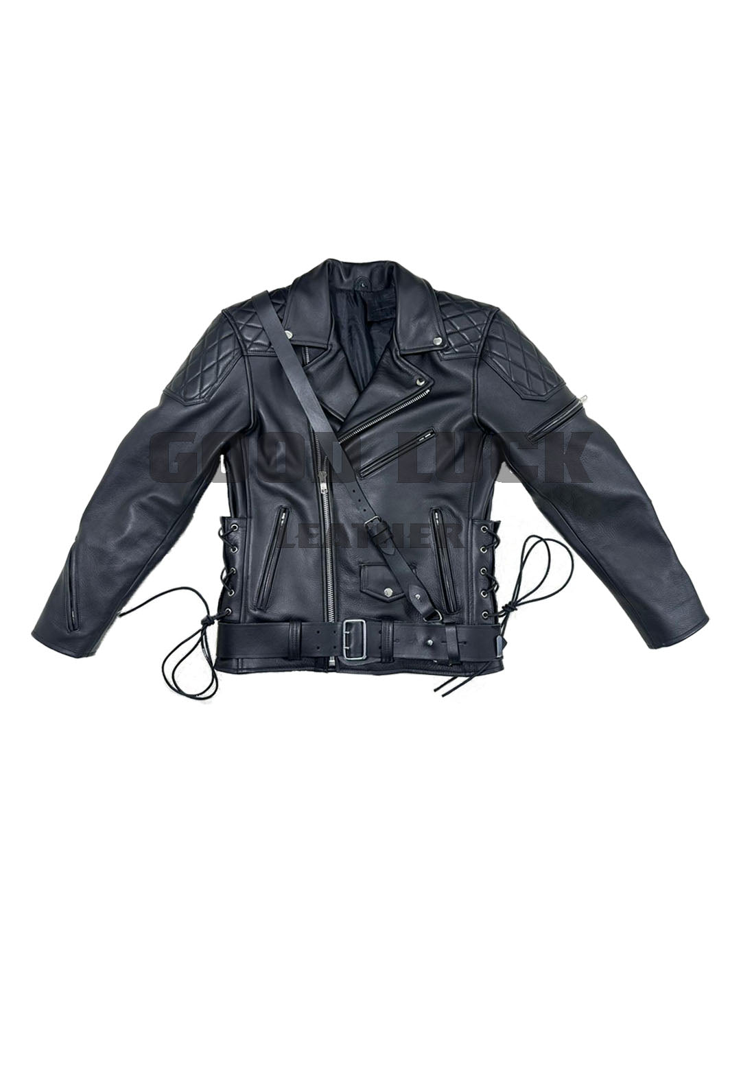 Side Laces Jacket with Cross Belt Real Aniline Thick Leather