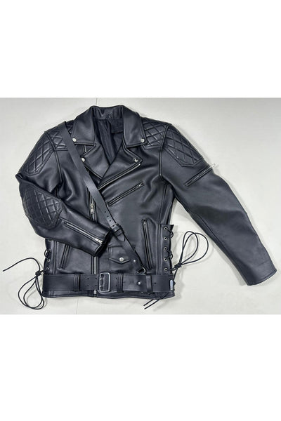 Side Laces Jacket with Cross Belt Real Aniline Thick Leather