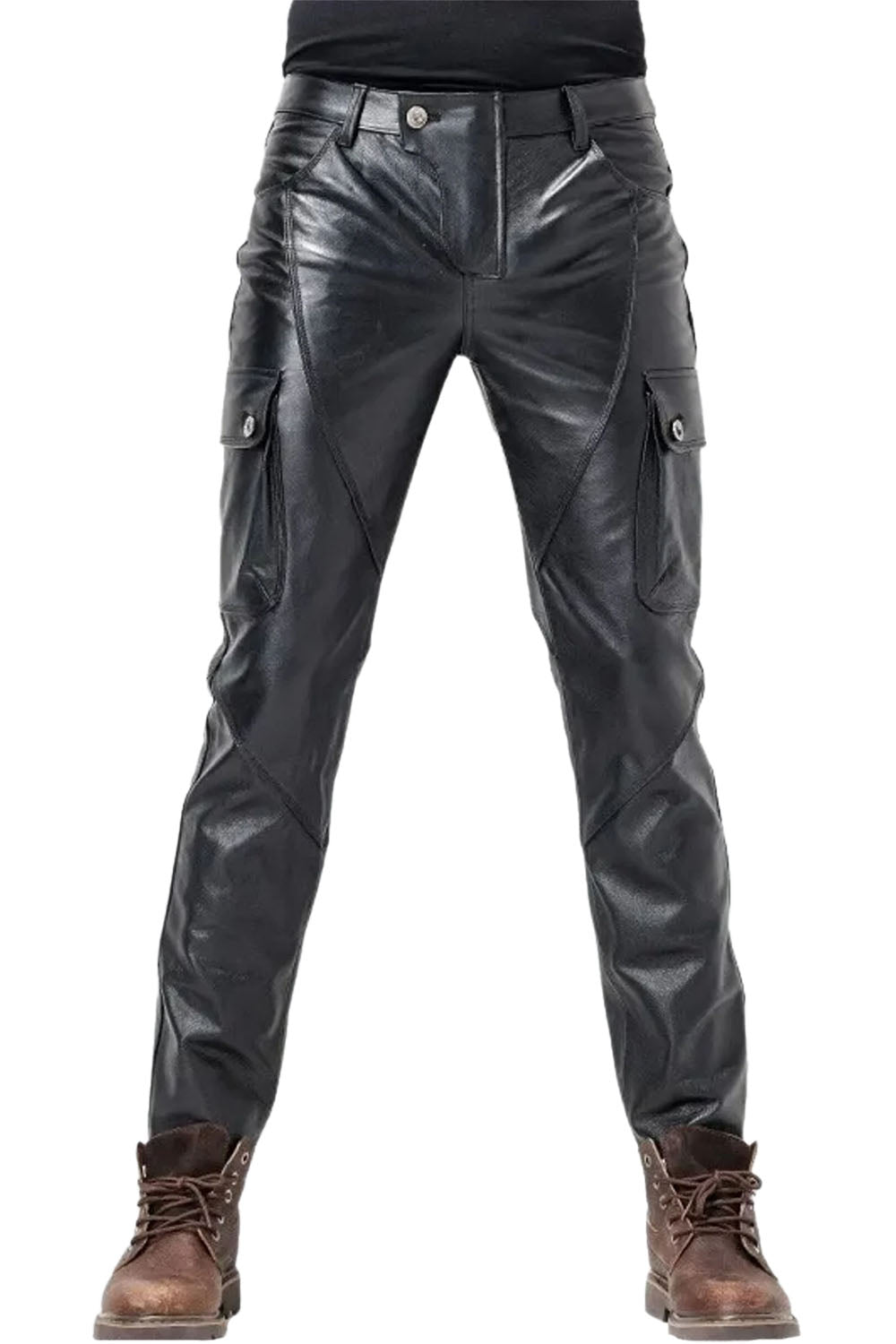 Bootcut Fit Cargo Style Leather Pants for Men Real Aniline Leather