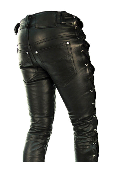 Side Laces Leather Pants for Men Real Cowhide Aniline Leather