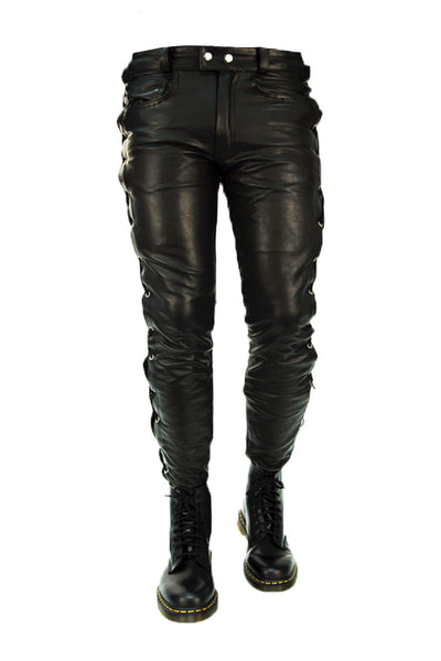 Side Laces Leather Pants for Men Real Cowhide Aniline Leather