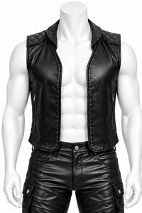 Men's black quilted genuine leather biker vest front view