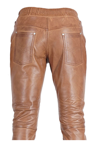 Brown Leather Jogger Pants for Men Real Lamb Leather 